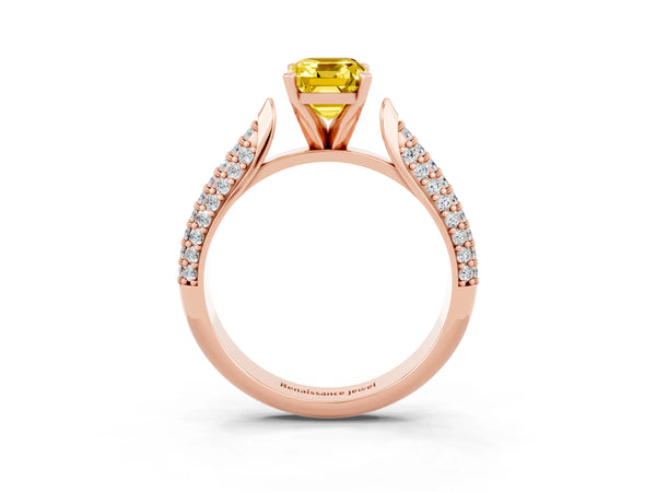 Rose gold Emerald Cut Yellow Sapphire Solitaire Engagement Ring with Multi-Row Round Pavé Band and Prong Setting