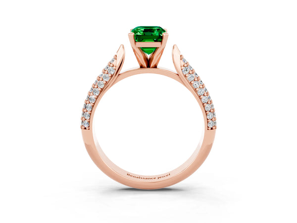 Rose gold Emerald Cut Emerald Solitaire Engagement Ring with Multi-Row Round Pavé Band and Prong Setting