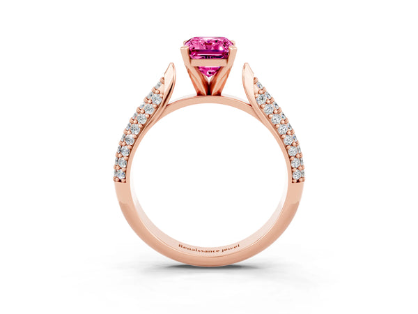 Rose gold Emerald Cut Pink Sapphire Solitaire Engagement Ring with Multi-Row Round Pavé Band and Prong Setting