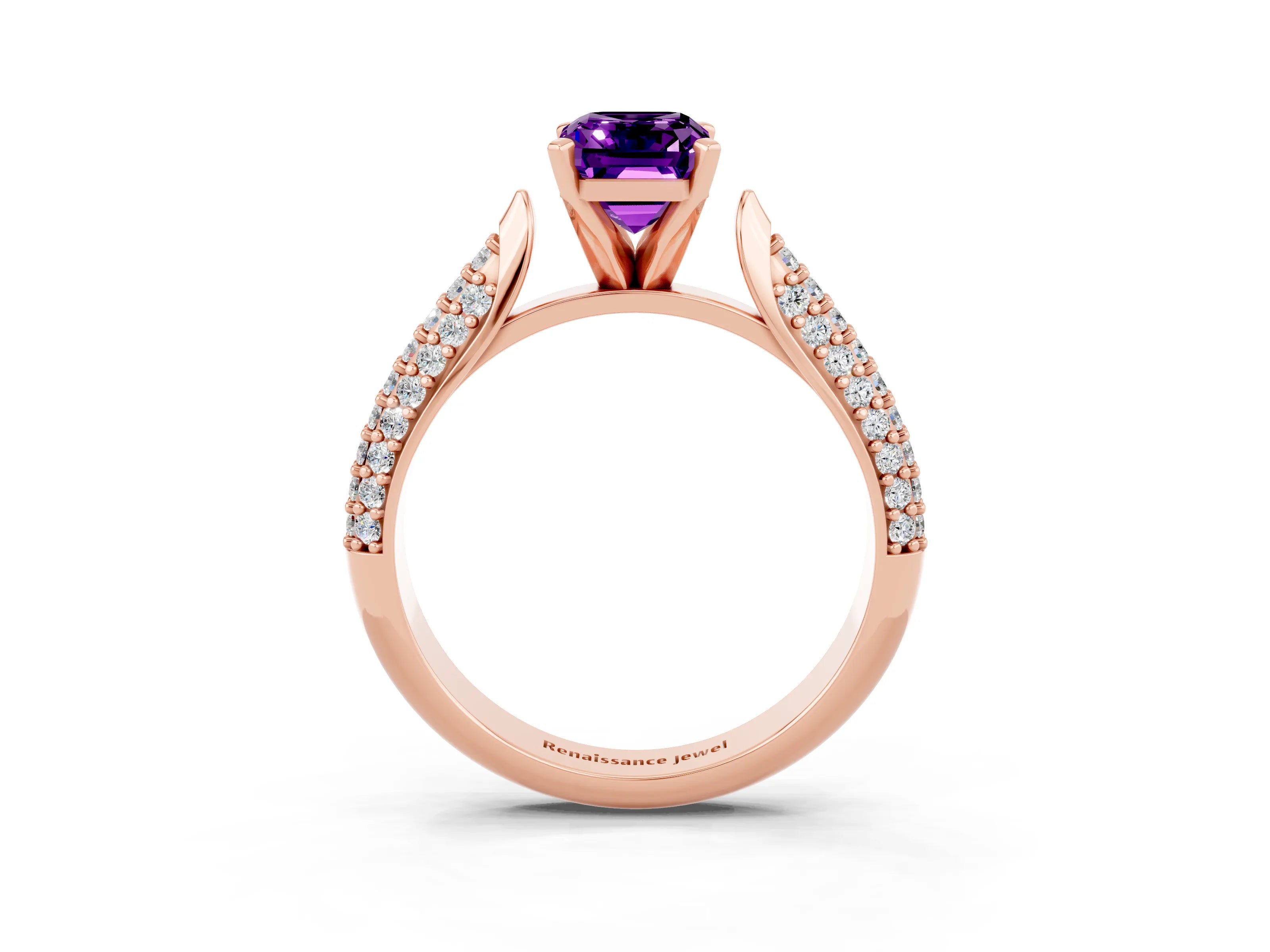 Rose gold Emerald Cut Diamond Solitaire Engagement Ring with Pavé Band and Four-Prong Setting_3