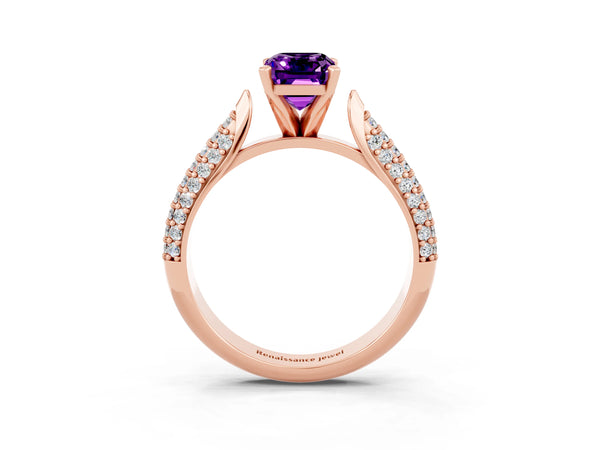 Rose gold Emerald Cut Amethyst Solitaire Engagement Ring with Multi-Row Round Pavé Band and Prong Setting