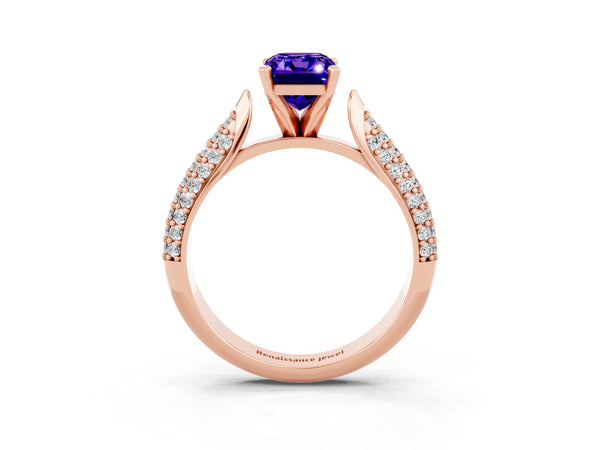 Rose gold Emerald Cut Tanzanite Solitaire Engagement Ring with Multi-Row Round Pavé Band and Prong Setting