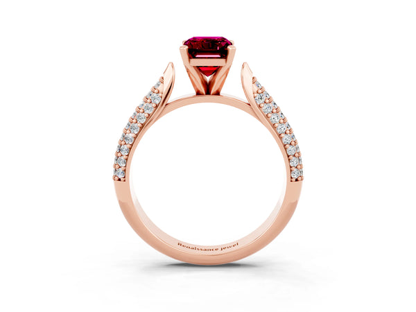 Rose gold Emerald Cut Garnet Solitaire Engagement Ring with Multi-Row Round Pavé Band and Prong Setting