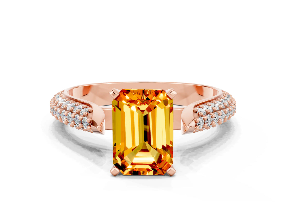 Rose gold Emerald Cut Diamond Solitaire Engagement Ring with Pavé Band and Four-Prong Setting