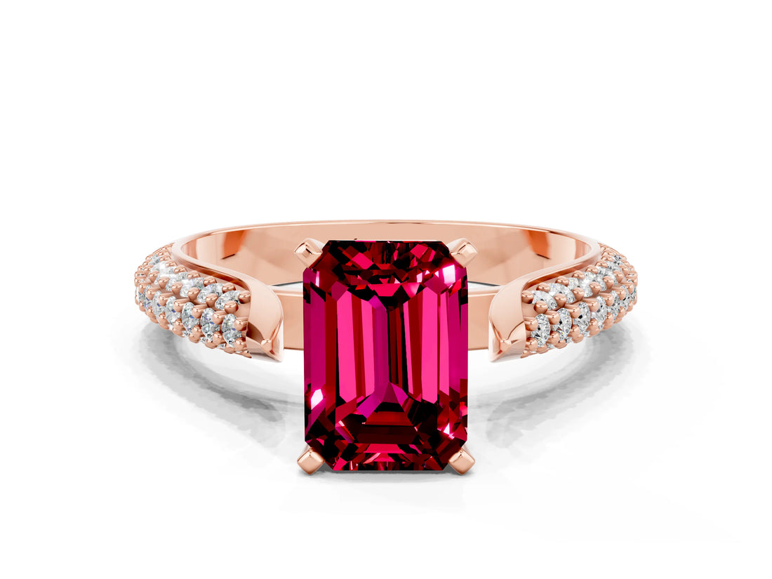 Rose gold Emerald Cut Diamond Solitaire Engagement Ring with Pavé Band and Four-Prong Setting