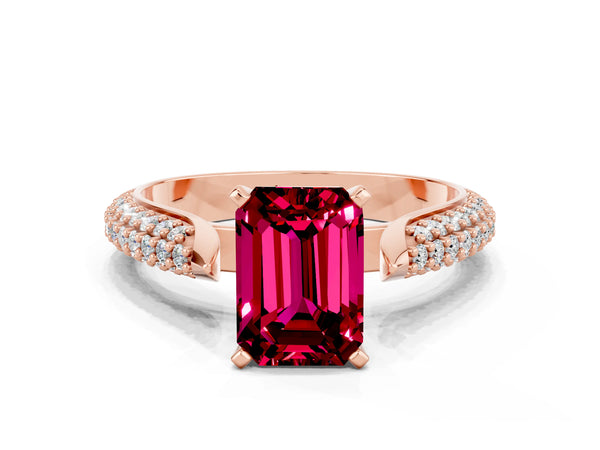 Rose gold Emerald Cut Garnet Solitaire Engagement Ring with Multi-Row Round Pavé Band and Prong Setting
