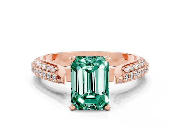 Rose gold Emerald Cut Green Sapphire Solitaire Engagement Ring with Multi-Row Round Pavé Band and Prong Setting