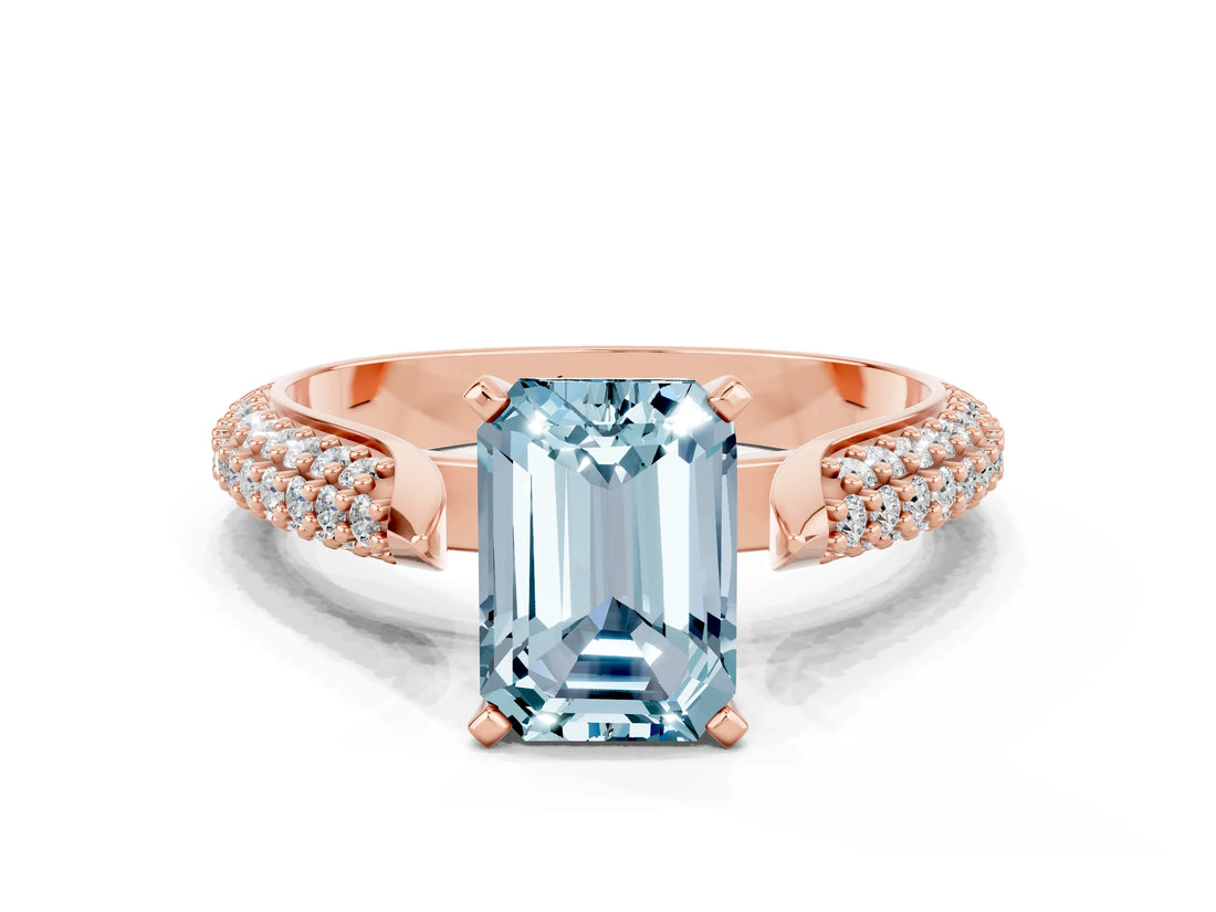 Rose gold Emerald Cut Diamond Solitaire Engagement Ring with Pavé Band and Four-Prong Setting