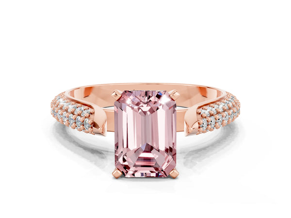 Rose gold Emerald Cut Diamond Solitaire Engagement Ring with Pavé Band and Four-Prong Setting
