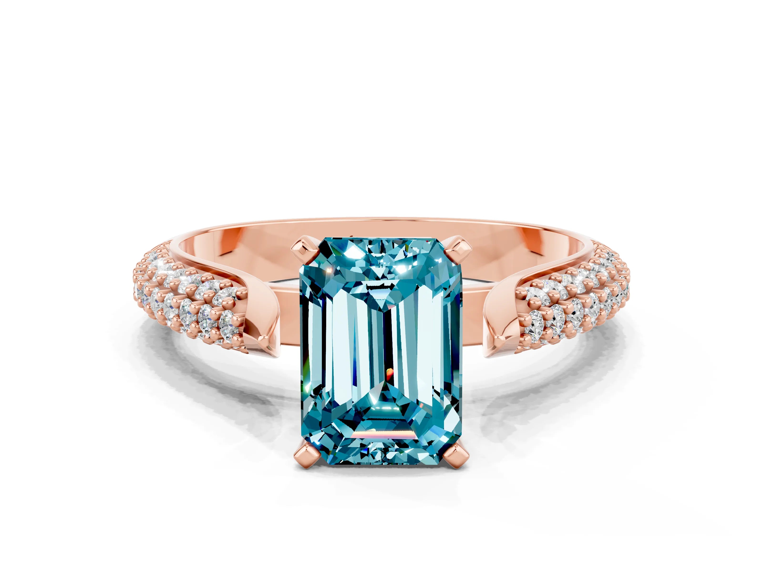 Rose gold Emerald Cut Diamond Solitaire Engagement Ring with Pavé Band and Four-Prong Setting