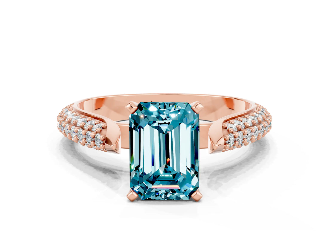 Rose gold Emerald Cut Diamond Solitaire Engagement Ring with Pavé Band and Four-Prong Setting