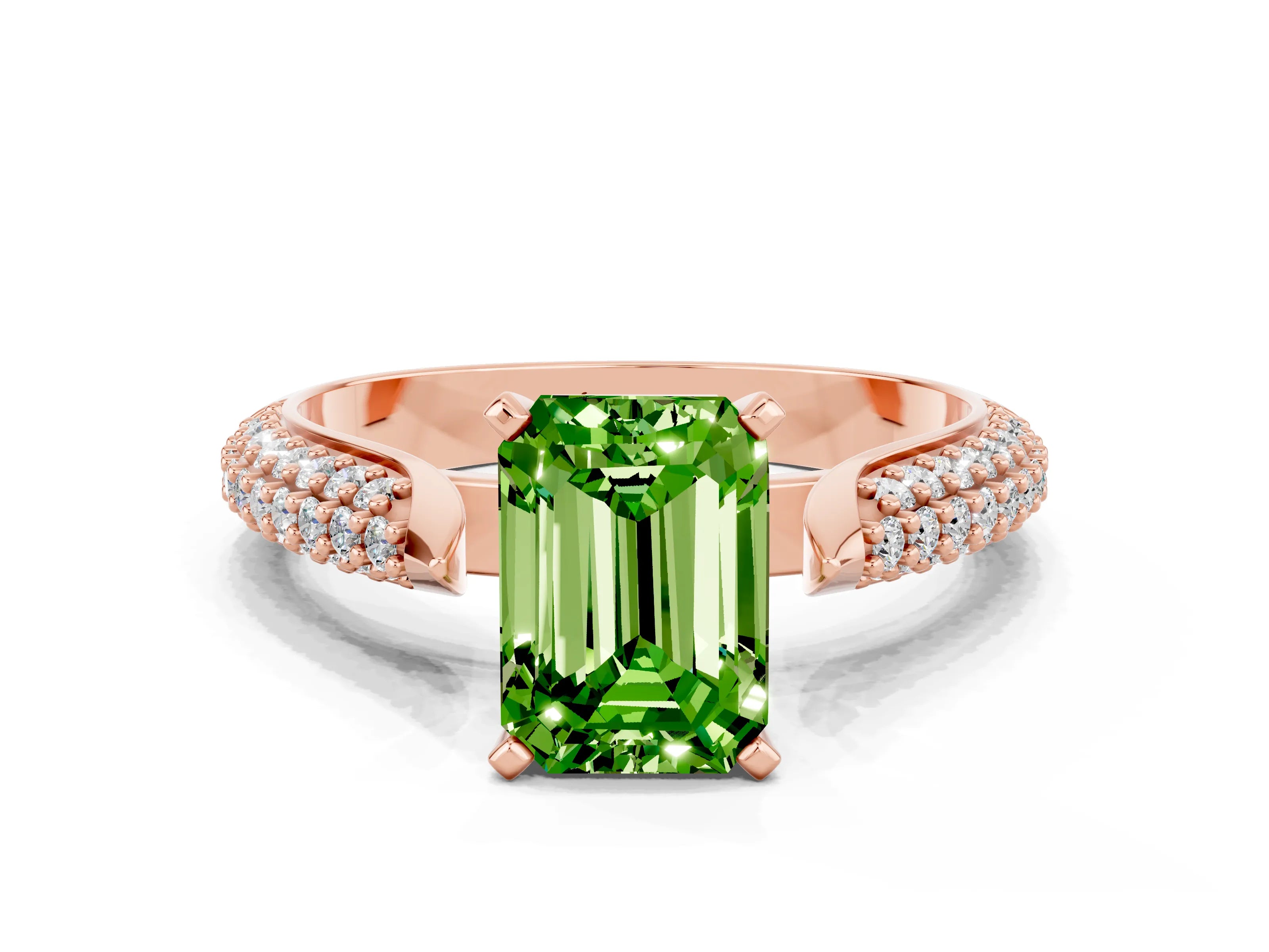 Rose gold Emerald Cut Diamond Solitaire Engagement Ring with Pavé Band and Four-Prong Setting