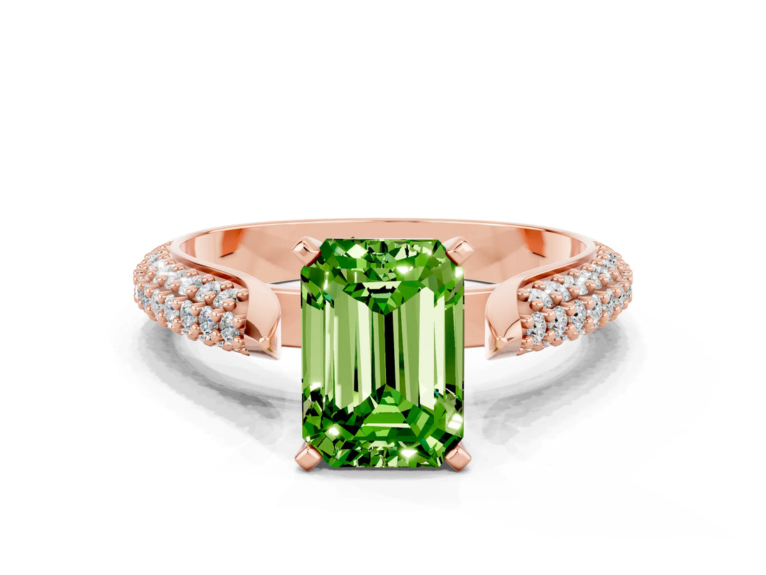 Rose gold Emerald Cut Diamond Solitaire Engagement Ring with Pavé Band and Four-Prong Setting