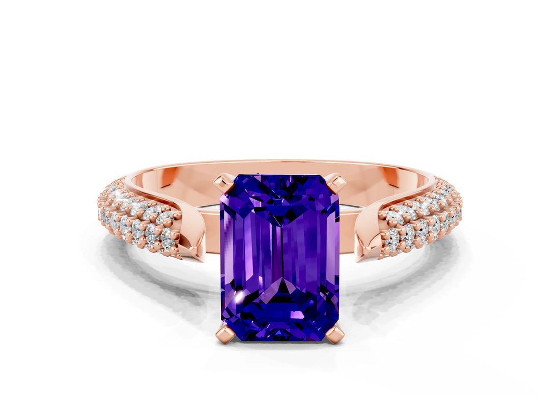 Rose gold Emerald Cut Diamond Solitaire Engagement Ring with Pavé Band and Four-Prong Setting