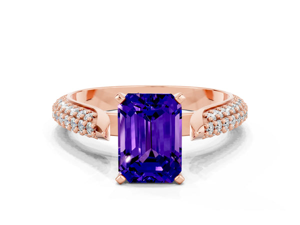 Rose gold Emerald Cut Tanzanite Solitaire Engagement Ring with Multi-Row Round Pavé Band and Prong Setting