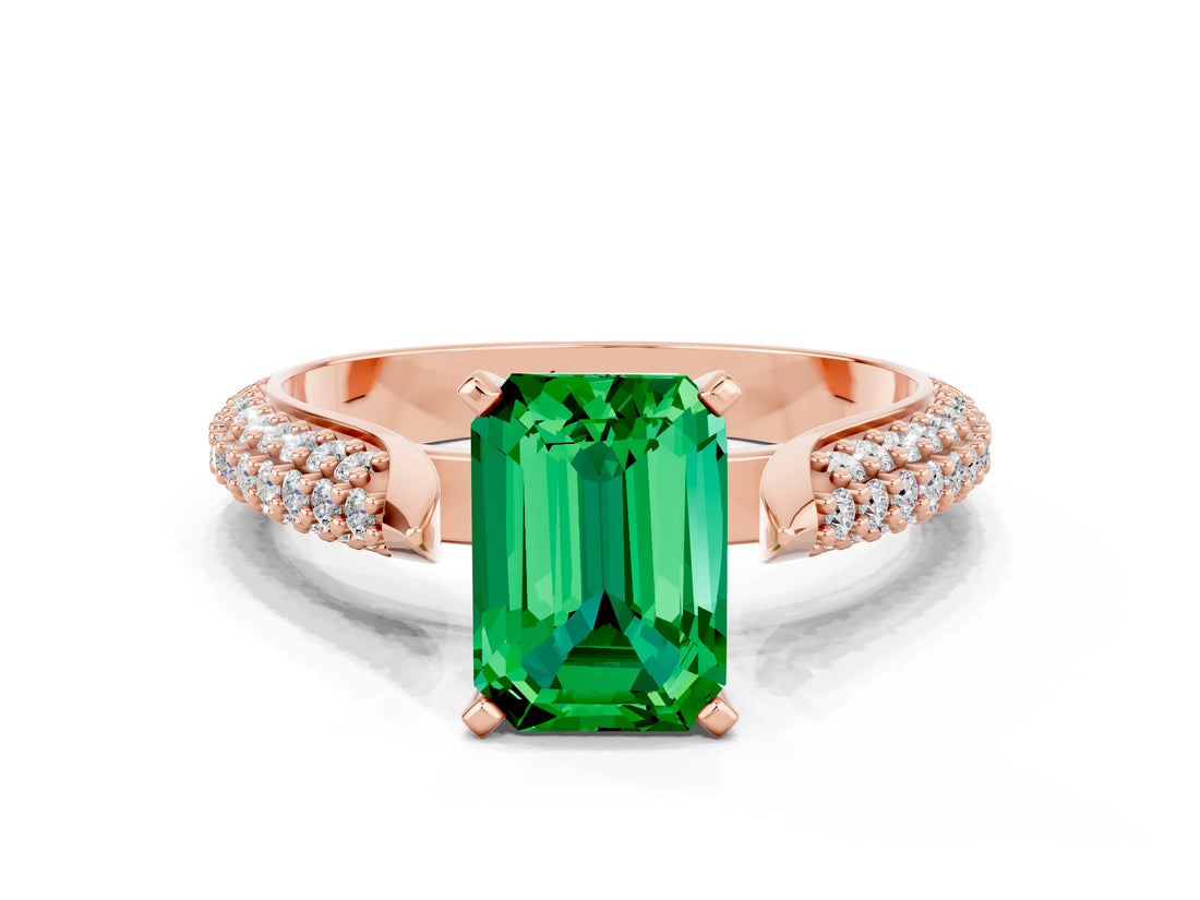 Rose gold Emerald Cut Diamond Solitaire Engagement Ring with Pavé Band and Four-Prong Setting
