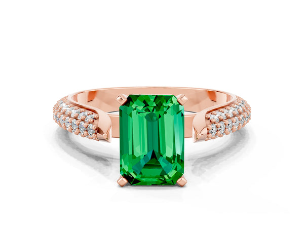 Rose gold Emerald Cut Emerald Solitaire Engagement Ring with Multi-Row Round Pavé Band and Prong Setting