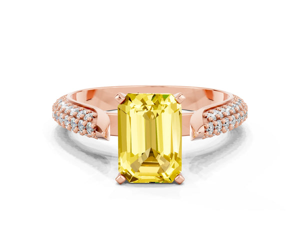 Rose gold Emerald Cut Yellow Sapphire Solitaire Engagement Ring with Multi-Row Round Pavé Band and Prong Setting