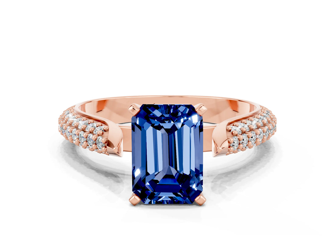 Rose gold Emerald Cut Diamond Solitaire Engagement Ring with Pavé Band and Four-Prong Setting