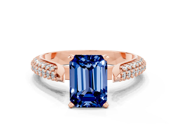 Rose gold Emerald Cut Blue Sapphire Solitaire Engagement Ring with Multi-Row Round Pavé Band and Prong Setting