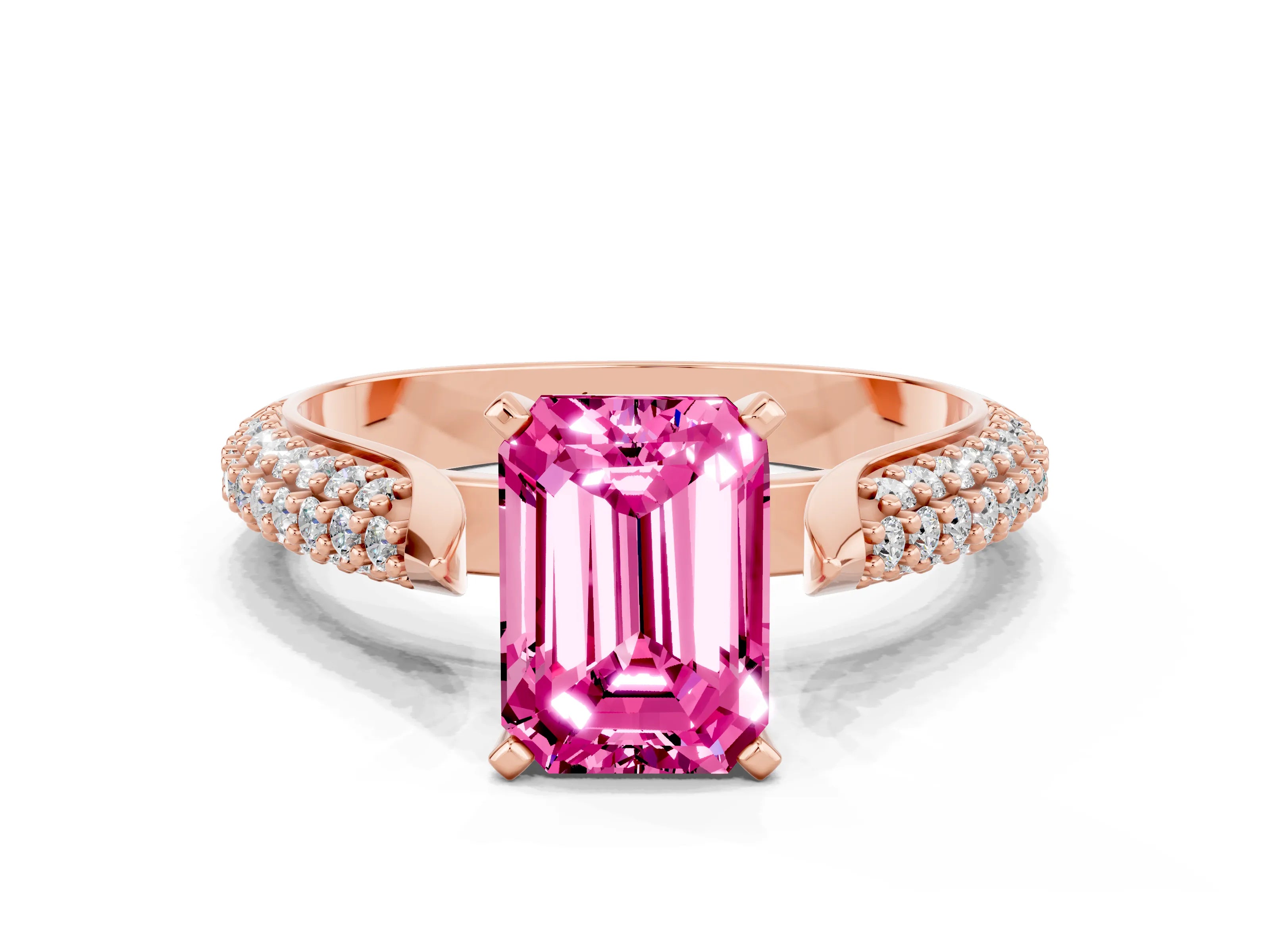 Rose gold Emerald Cut Diamond Solitaire Engagement Ring with Pavé Band and Four-Prong Setting