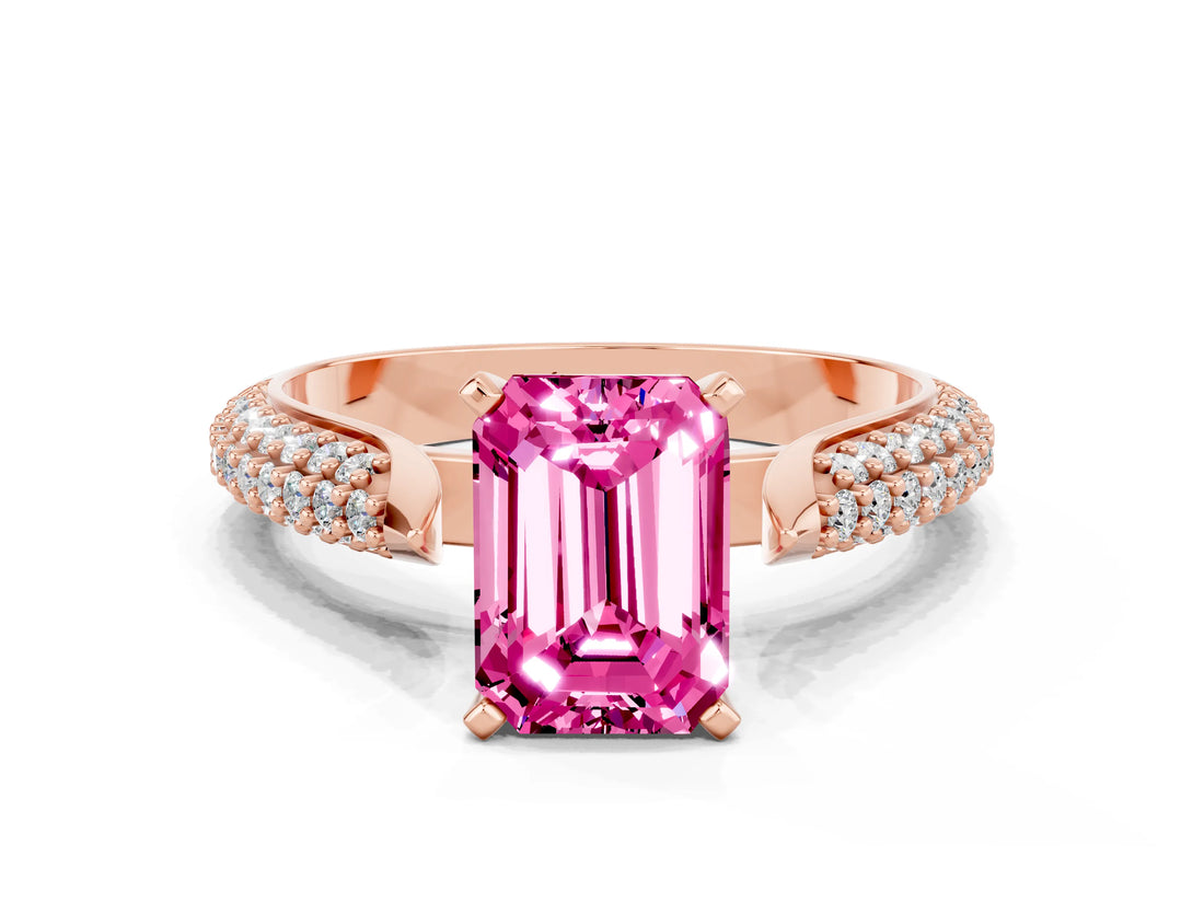 Rose gold Emerald Cut Diamond Solitaire Engagement Ring with Pavé Band and Four-Prong Setting