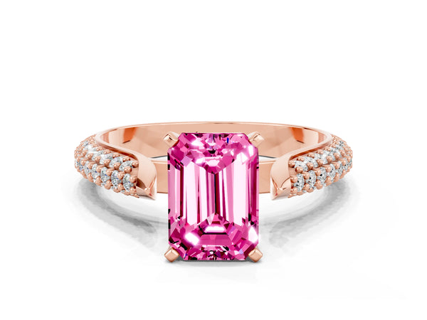 Rose gold Emerald Cut Pink Sapphire Solitaire Engagement Ring with Multi-Row Round Pavé Band and Prong Setting