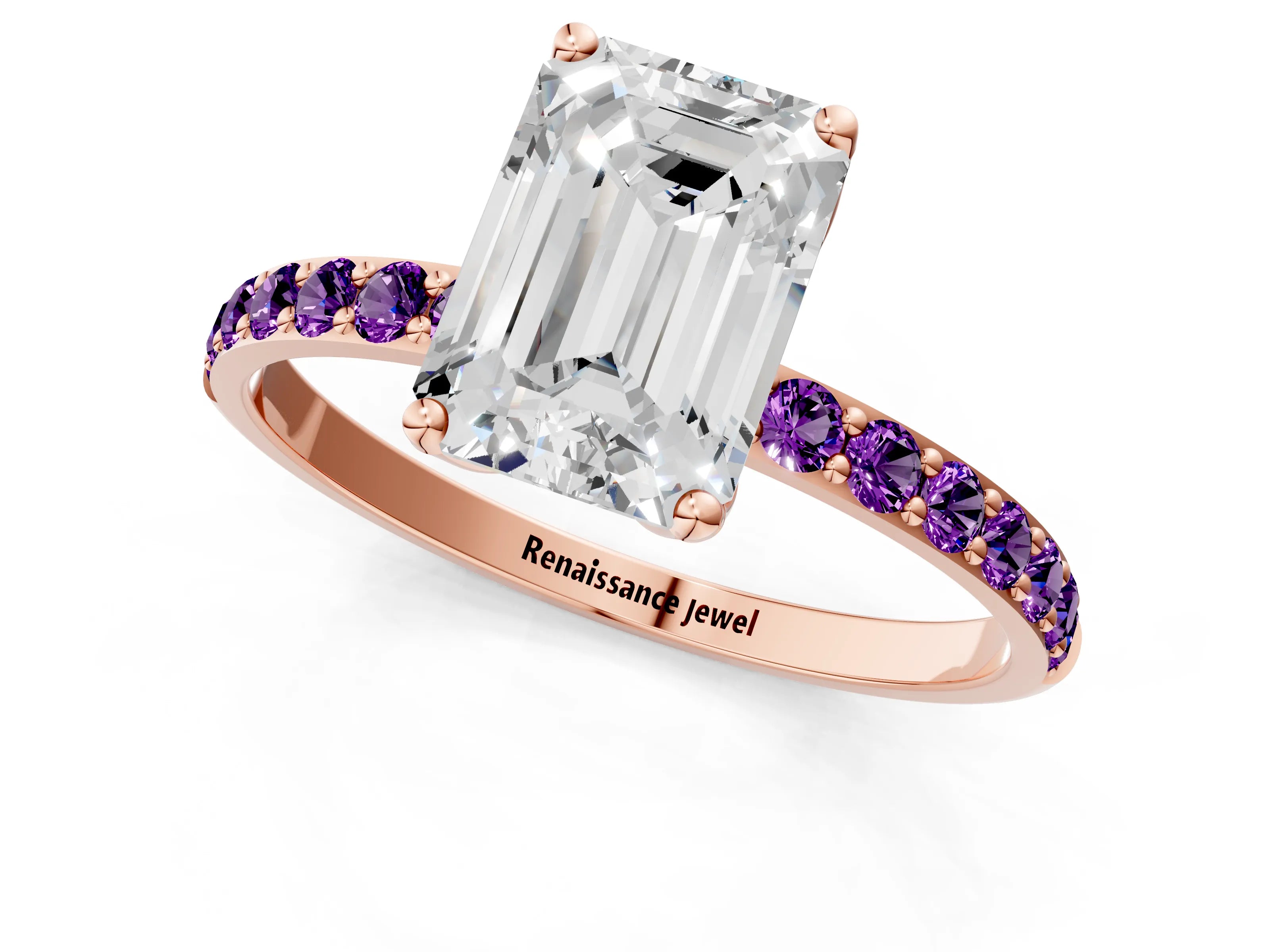 Rose gold Emerald Cut Diamond Solitaire Engagement Ring with Round with Amethyst side stone Pavé Band and Prong Setting_1