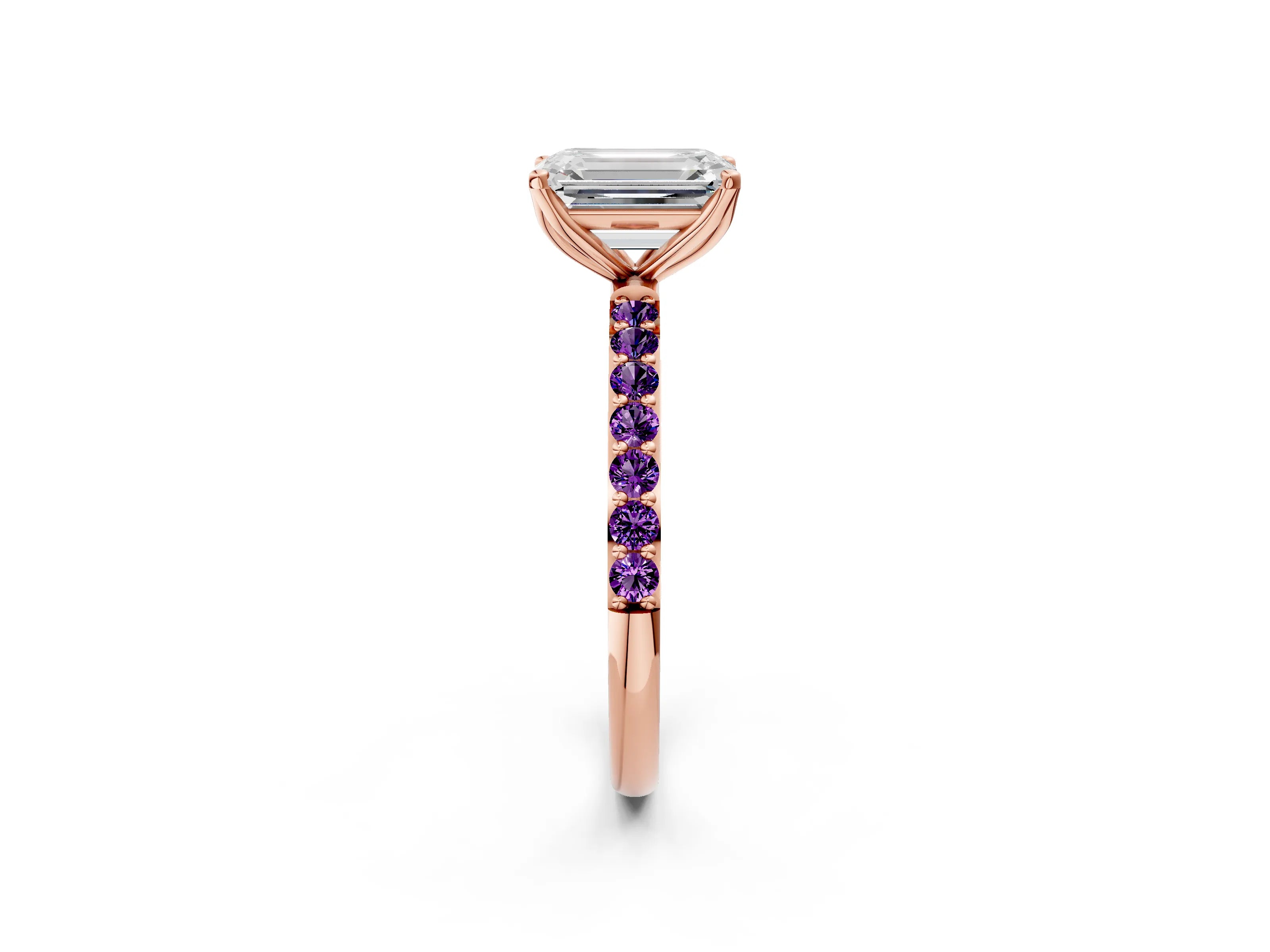 Rose gold Emerald Cut Diamond Solitaire Engagement Ring with Round with Amethyst side stone Pavé Band and Prong Setting_2