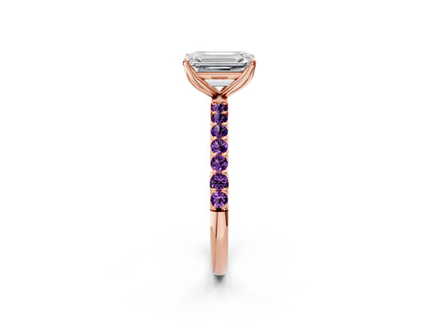 Rose gold Emerald Cut Diamond Solitaire Engagement Ring with Round with Amethyst side stone Pavé Band and Prong Setting_2