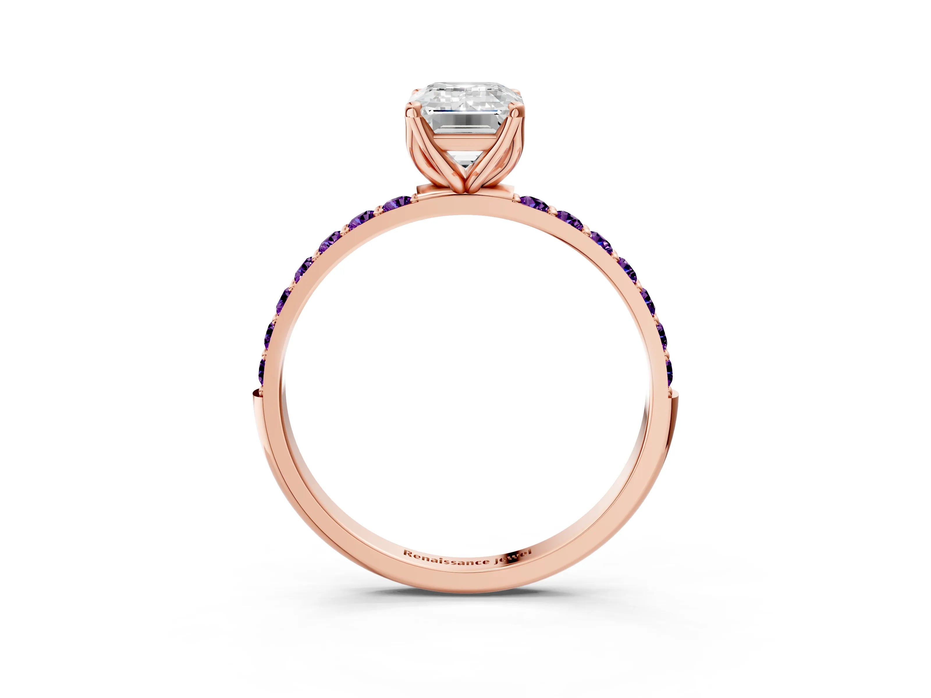 Rose gold Emerald Cut Diamond Solitaire Engagement Ring with Round with Amethyst side stone Pavé Band and Prong Setting_3