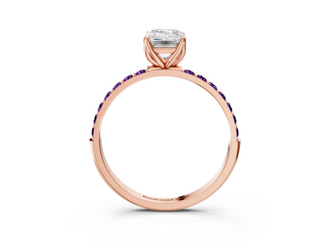 Rose gold Emerald Cut Diamond Solitaire Engagement Ring with Round with Amethyst side stone Pavé Band and Prong Setting_3