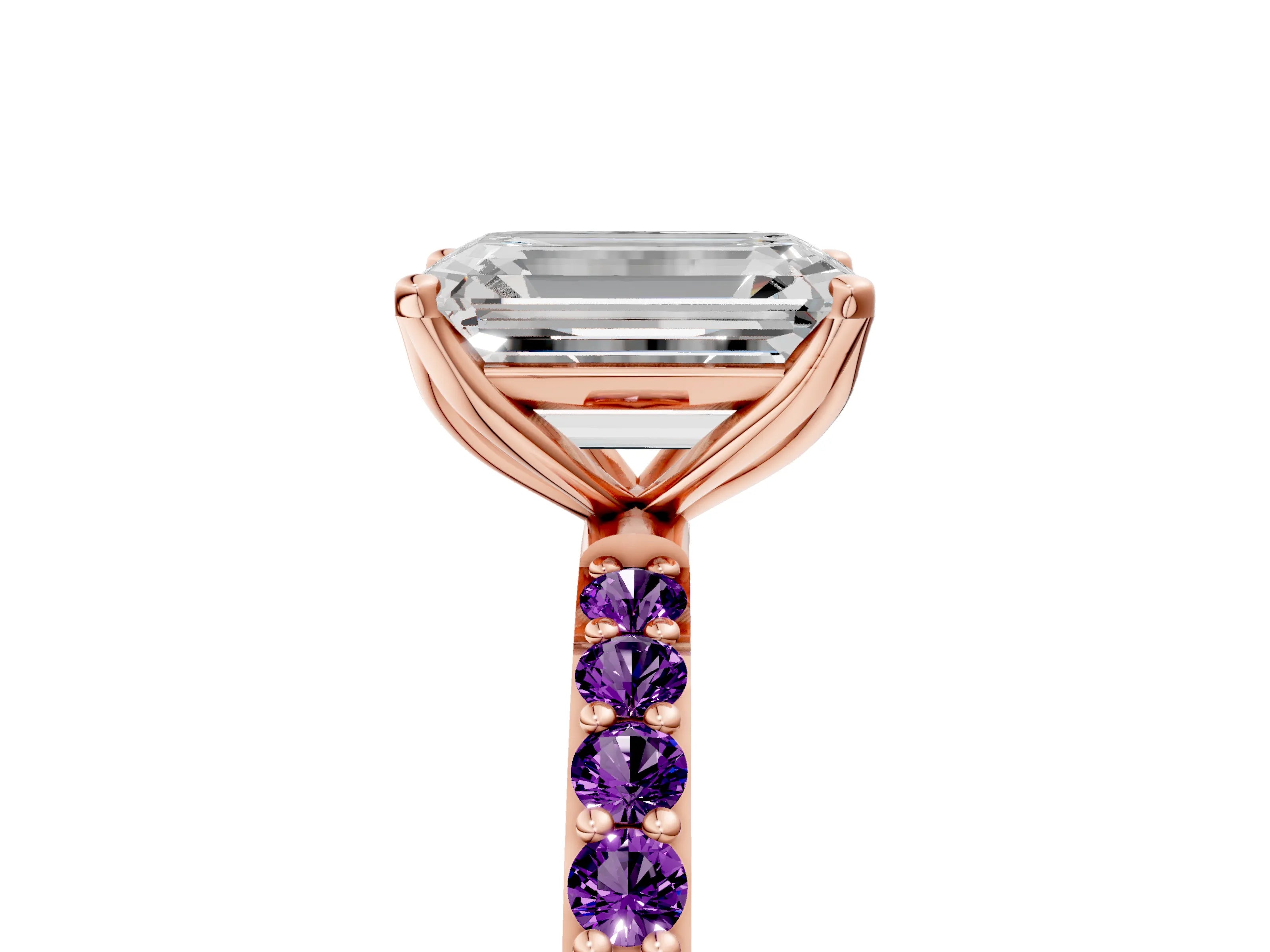 Rose gold Emerald Cut Diamond Solitaire Engagement Ring with Round with Amethyst side stone Pavé Band and Prong Setting_5