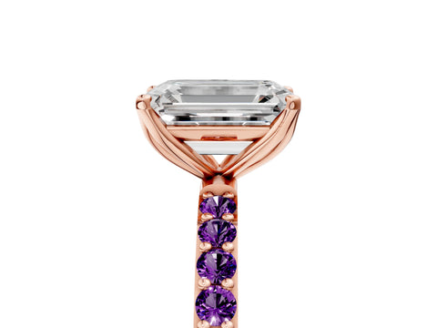 Rose gold Emerald Cut Diamond Solitaire Engagement Ring with Round with Amethyst side stone Pavé Band and Prong Setting_5