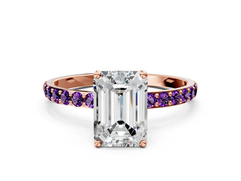 Rose gold Emerald Cut Diamond Solitaire Engagement Ring with Round with Amethyst side stone Pavé Band and Prong Setting