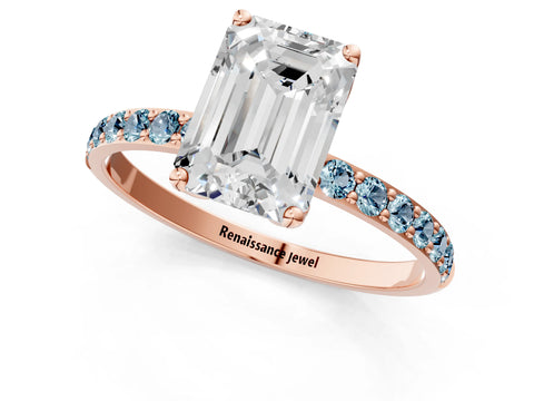 Rose gold Emerald Cut Diamond Solitaire Engagement Ring with Round with Aquamarine side stone Pavé Band and Prong Setting_1