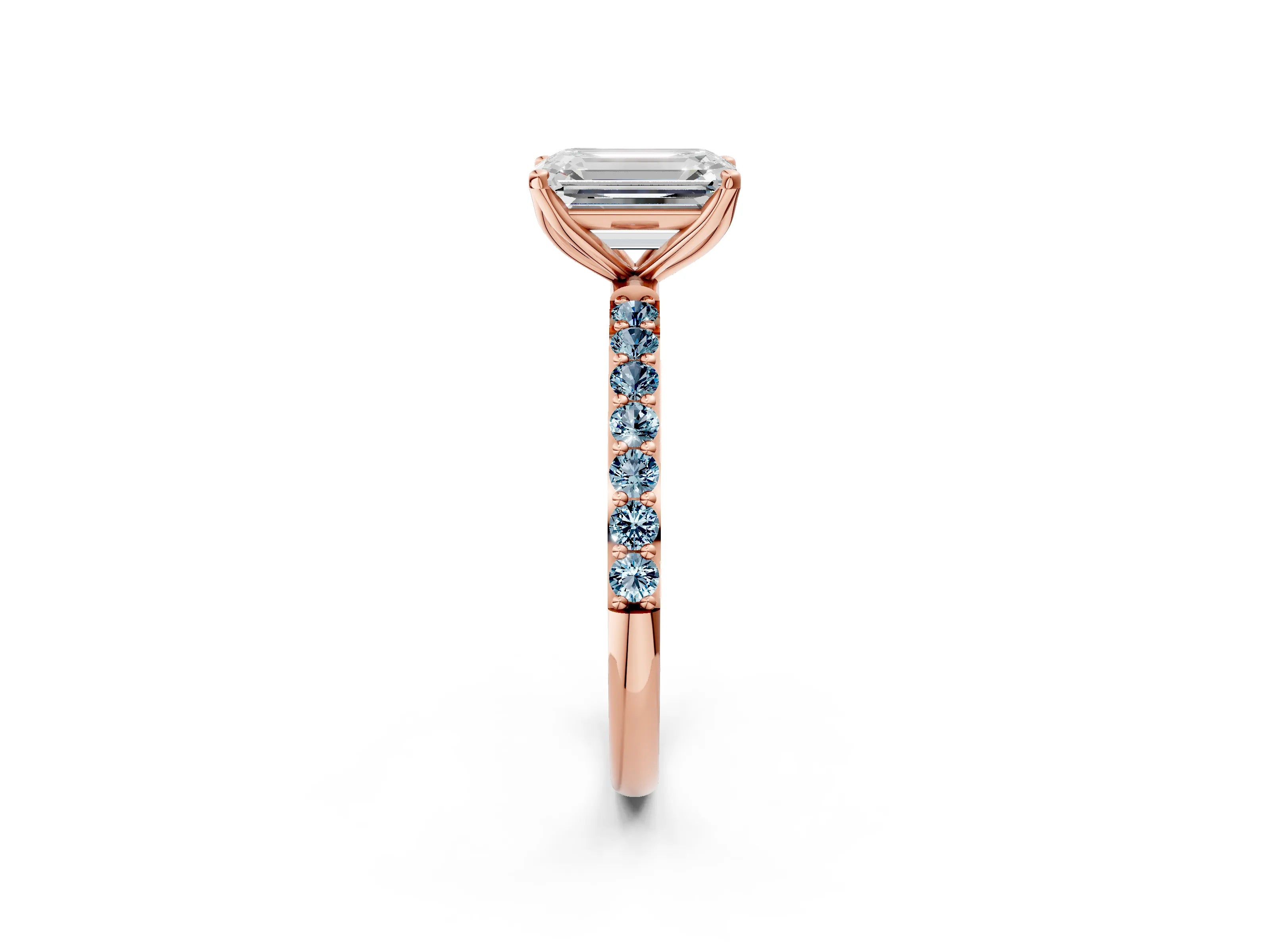 Rose gold Emerald Cut Diamond Solitaire Engagement Ring with Round with Aquamarine side stone Pavé Band and Prong Setting_2