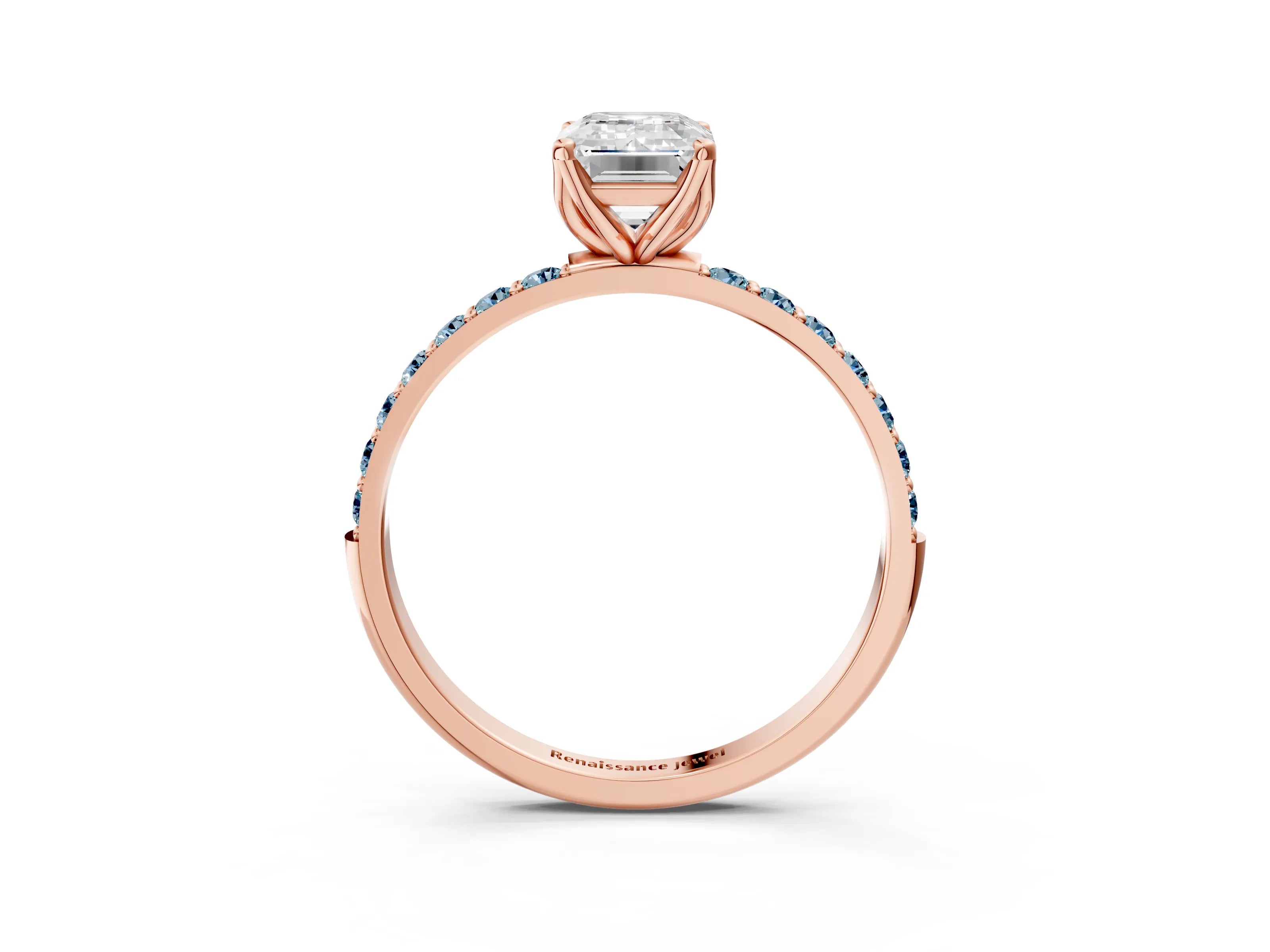 Rose gold Emerald Cut Diamond Solitaire Engagement Ring with Round with Aquamarine side stone Pavé Band and Prong Setting_3