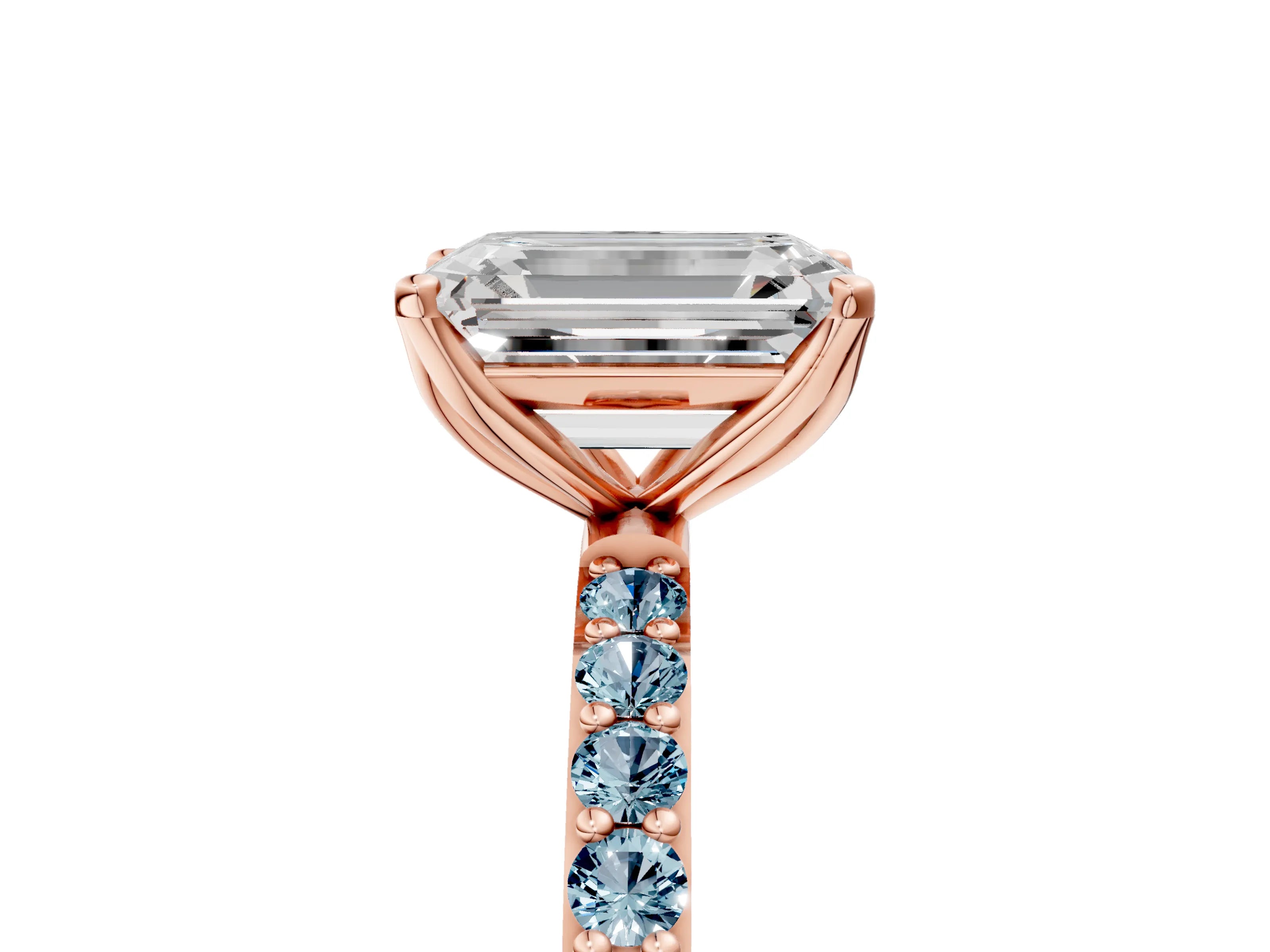 Rose gold Emerald Cut Diamond Solitaire Engagement Ring with Round with Aquamarine side stone Pavé Band and Prong Setting_5