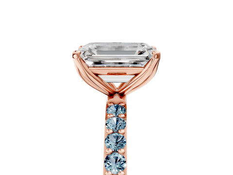 Rose gold Emerald Cut Diamond Solitaire Engagement Ring with Round with Aquamarine side stone Pavé Band and Prong Setting_5