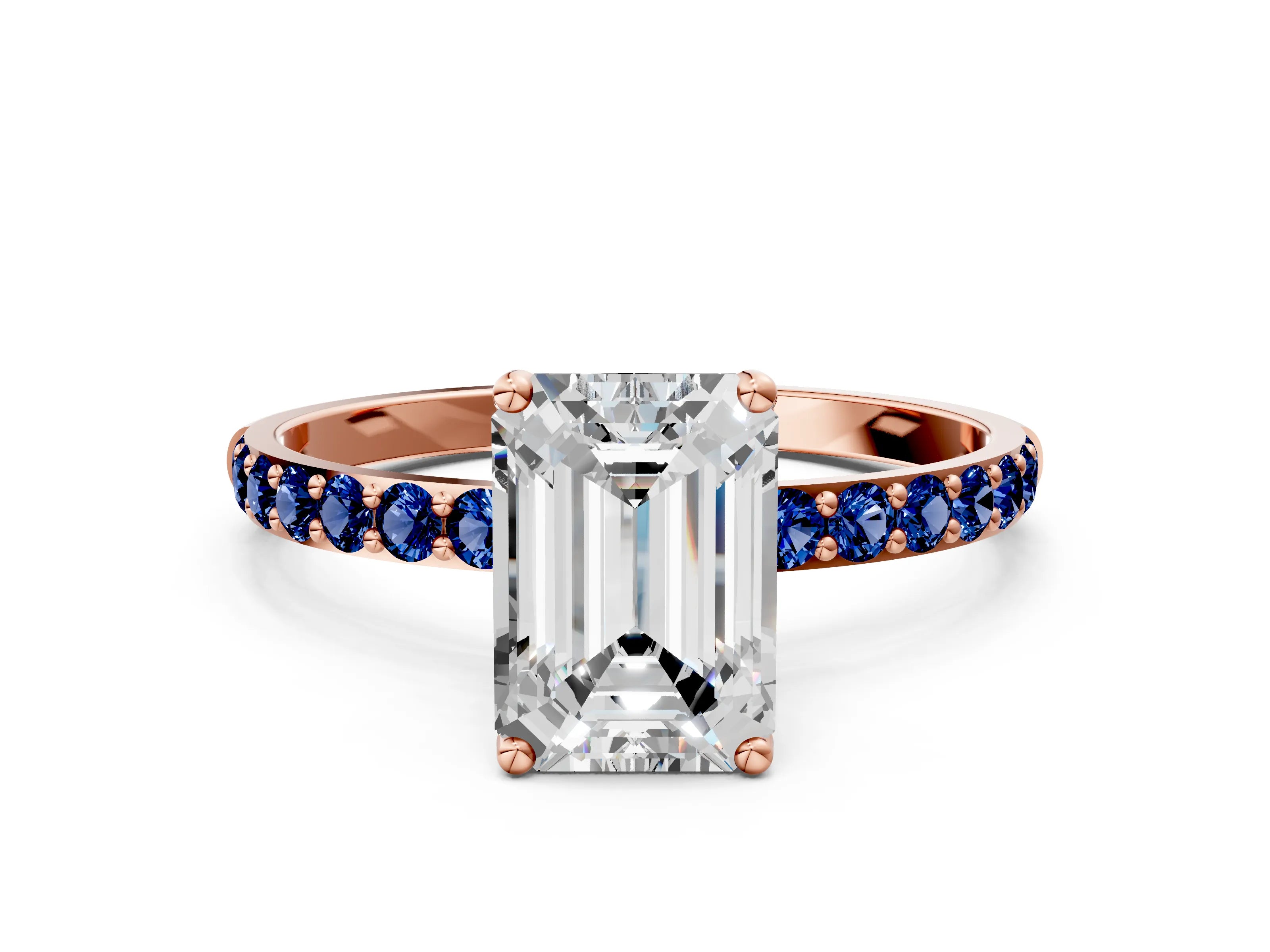 Rose gold Emerald Cut Diamond Solitaire Engagement Ring with Round with Blue Sapphire side stone Pavé Band and Prong Setting