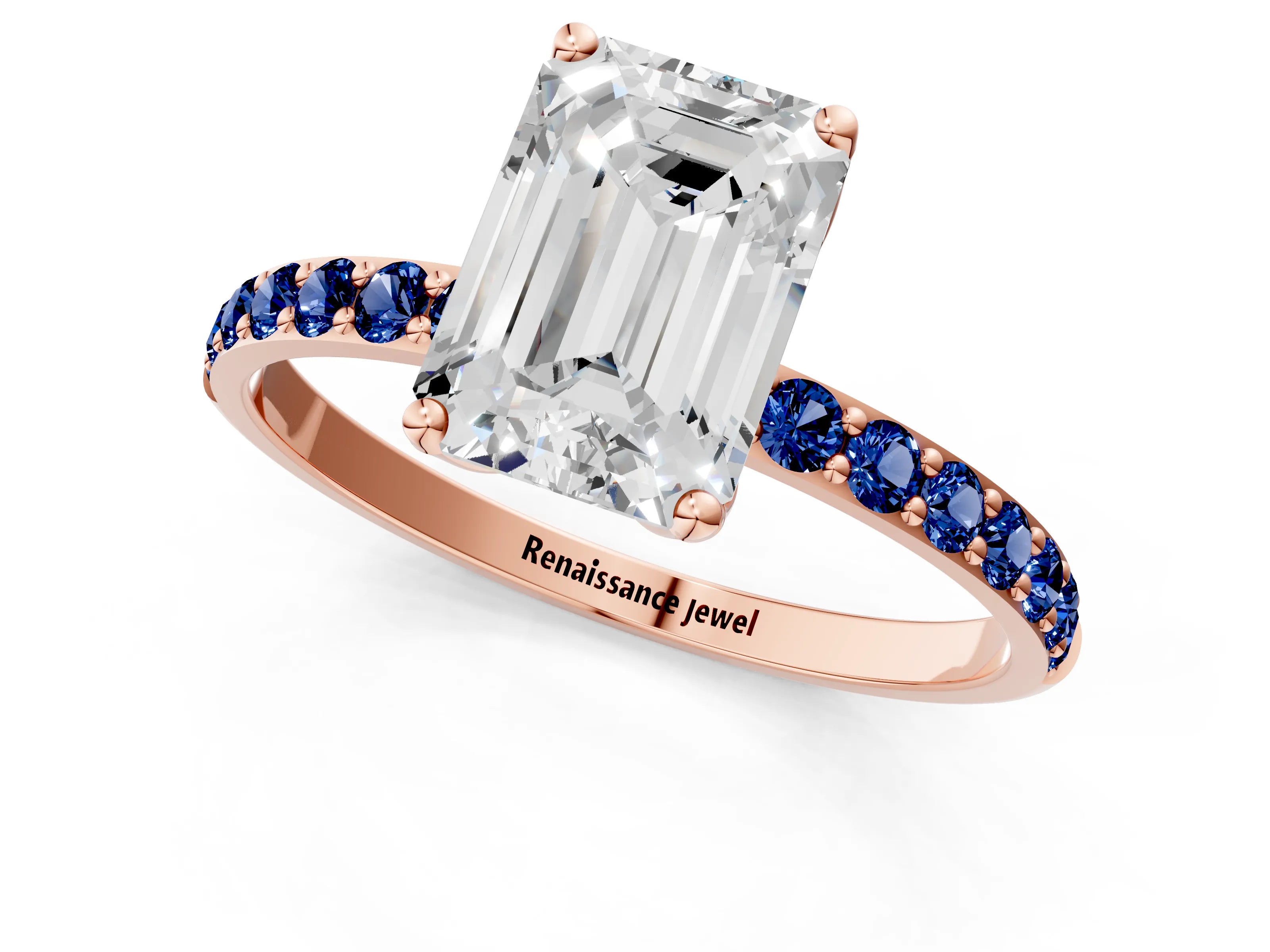 Rose gold Emerald Cut Diamond Solitaire Engagement Ring with Round with Blue Sapphire side stone Pavé Band and Prong Setting_1