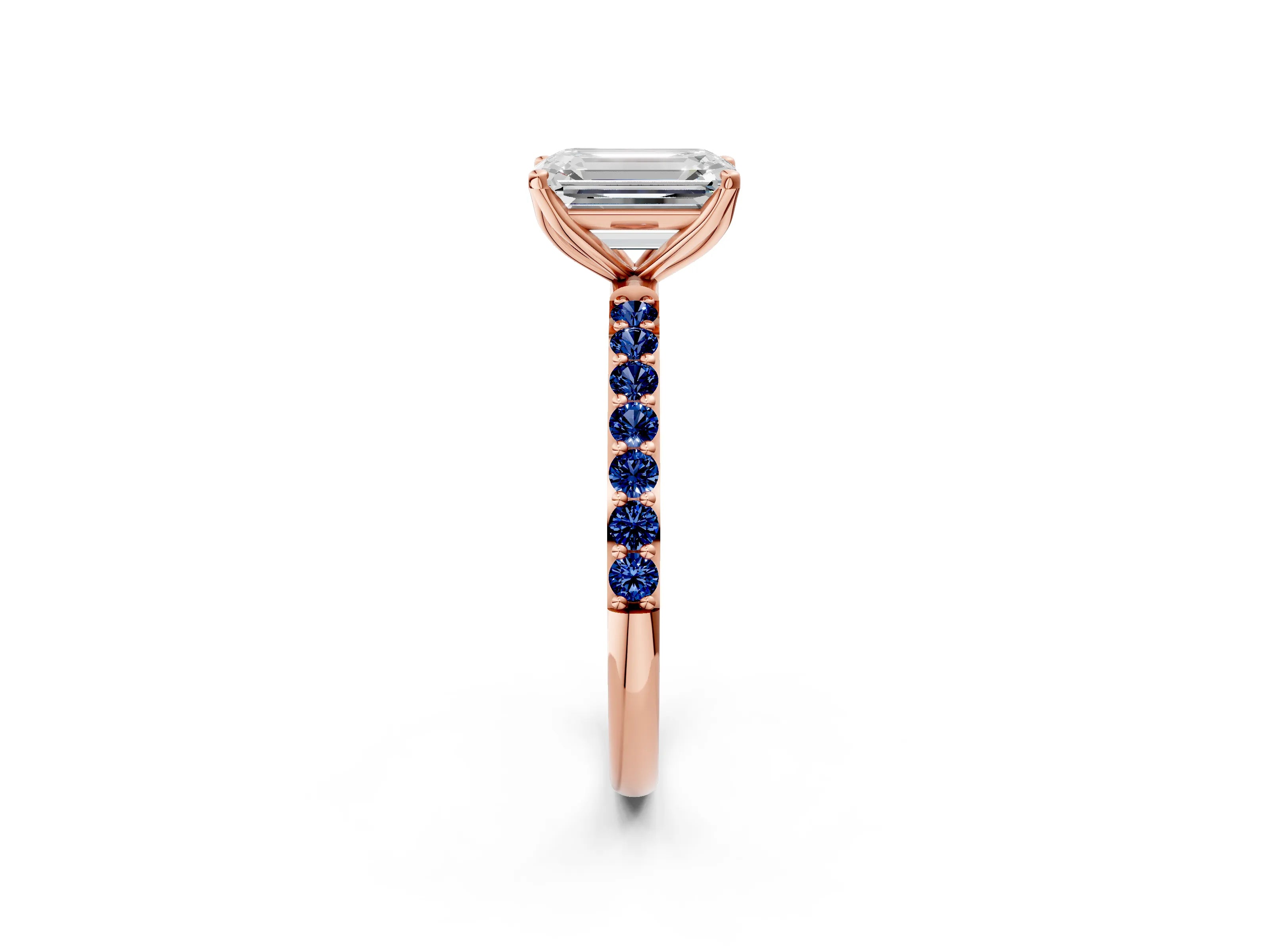Rose gold Emerald Cut Diamond Solitaire Engagement Ring with Round with Blue Sapphire side stone Pavé Band and Prong Setting_2