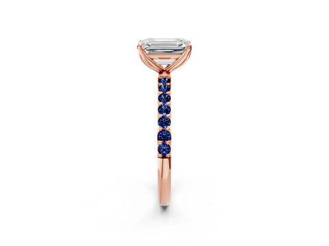 Rose gold Emerald Cut Diamond Solitaire Engagement Ring with Round with Blue Sapphire side stone Pavé Band and Prong Setting_2
