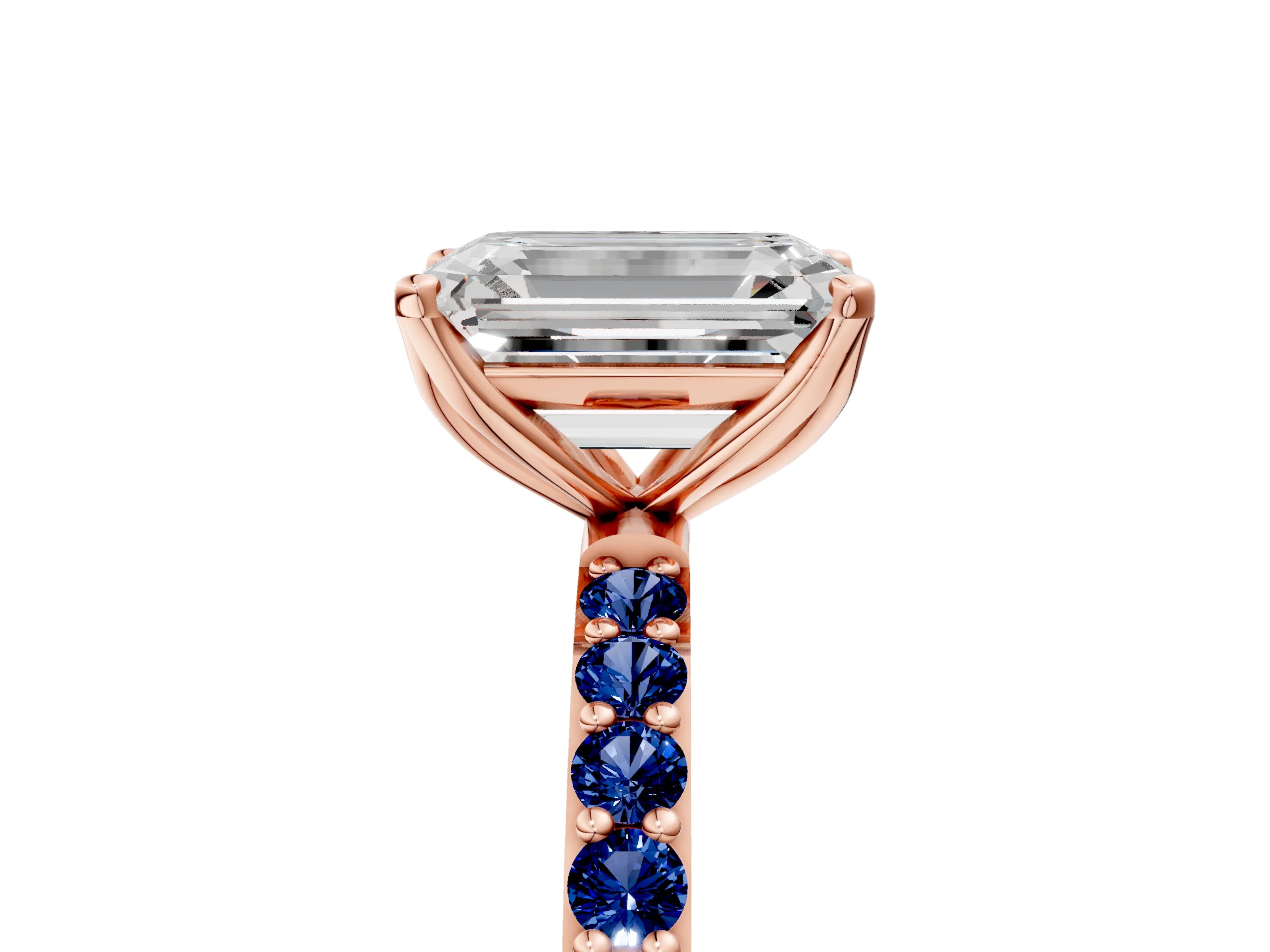 Rose gold Emerald Cut Diamond Solitaire Engagement Ring with Round with Blue Sapphire side stone Pavé Band and Prong Setting_5