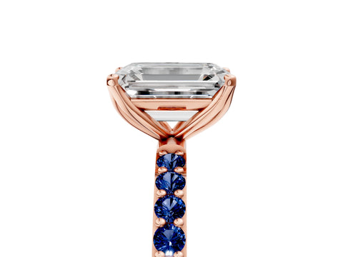 Rose gold Emerald Cut Diamond Solitaire Engagement Ring with Round with Blue Sapphire side stone Pavé Band and Prong Setting_5