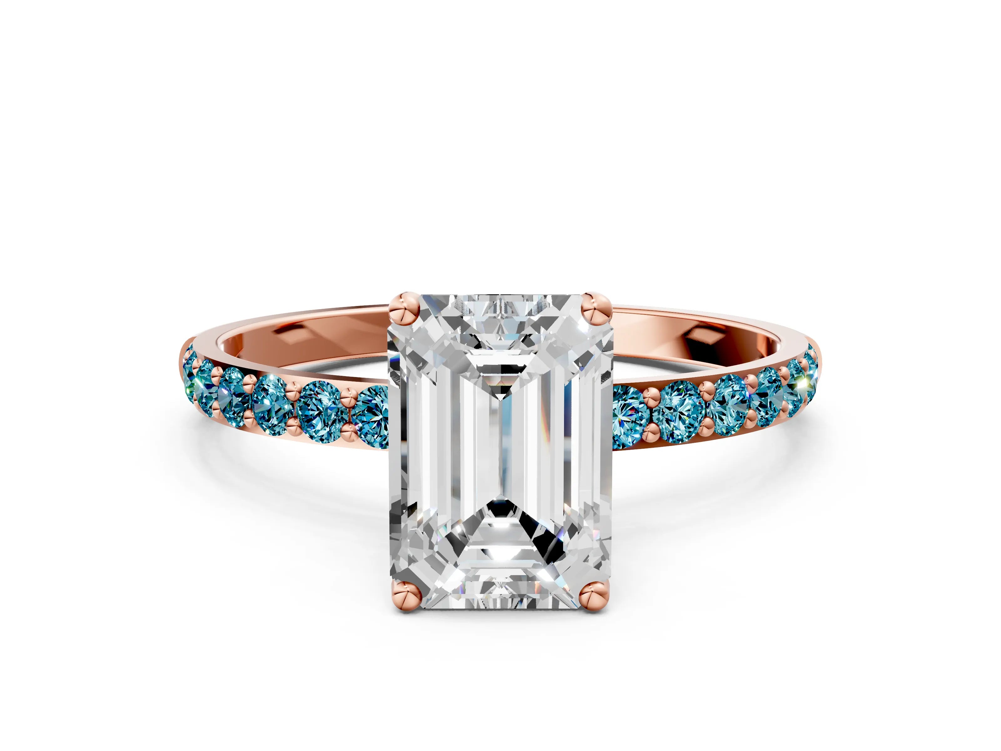 Rose gold Emerald Cut Diamond Solitaire Engagement Ring with Round with Blue Topaz side stone Pavé Band and Prong Setting
