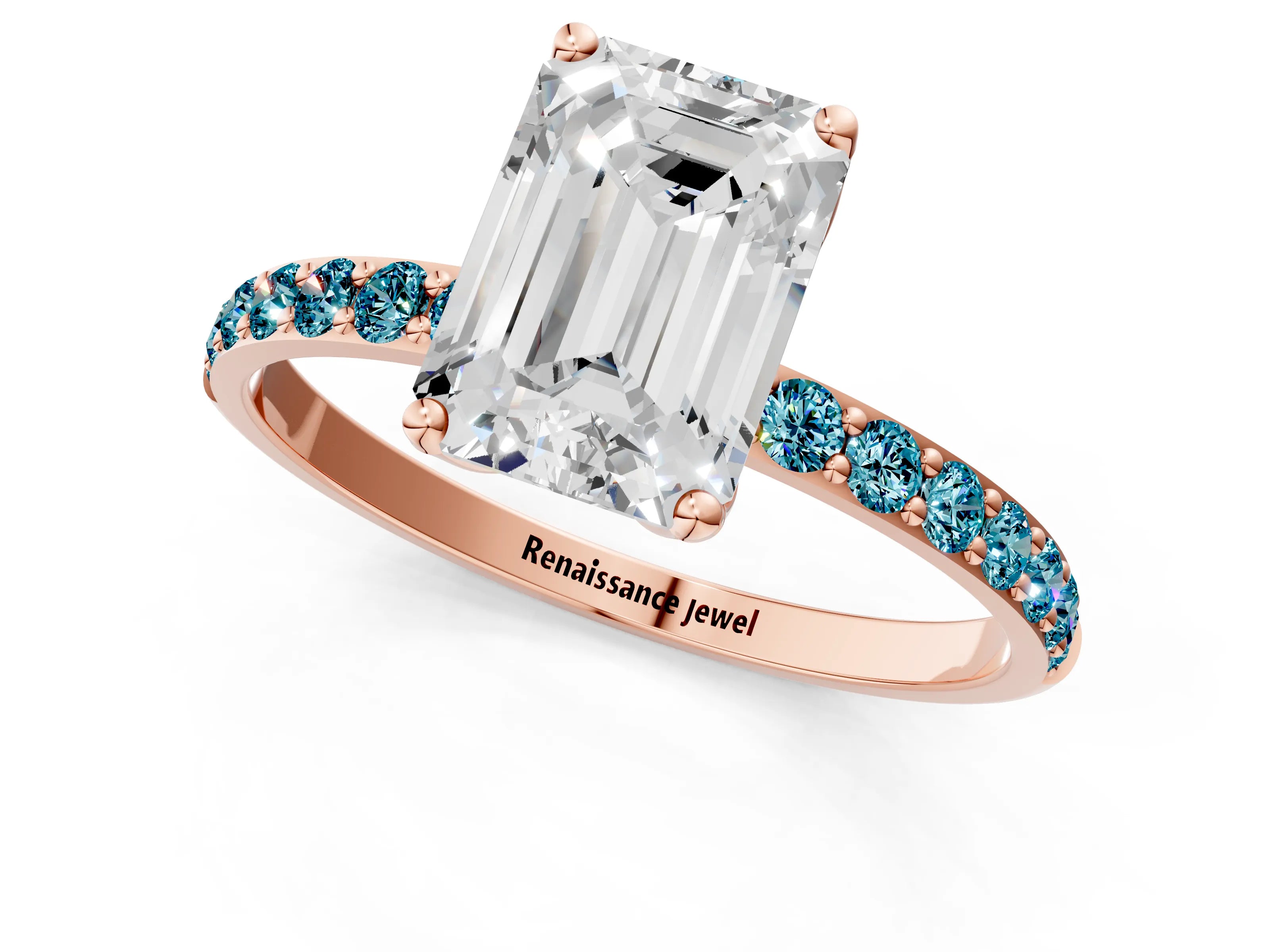 Rose gold Emerald Cut Diamond Solitaire Engagement Ring with Round with Blue Topaz side stone Pavé Band and Prong Setting_1