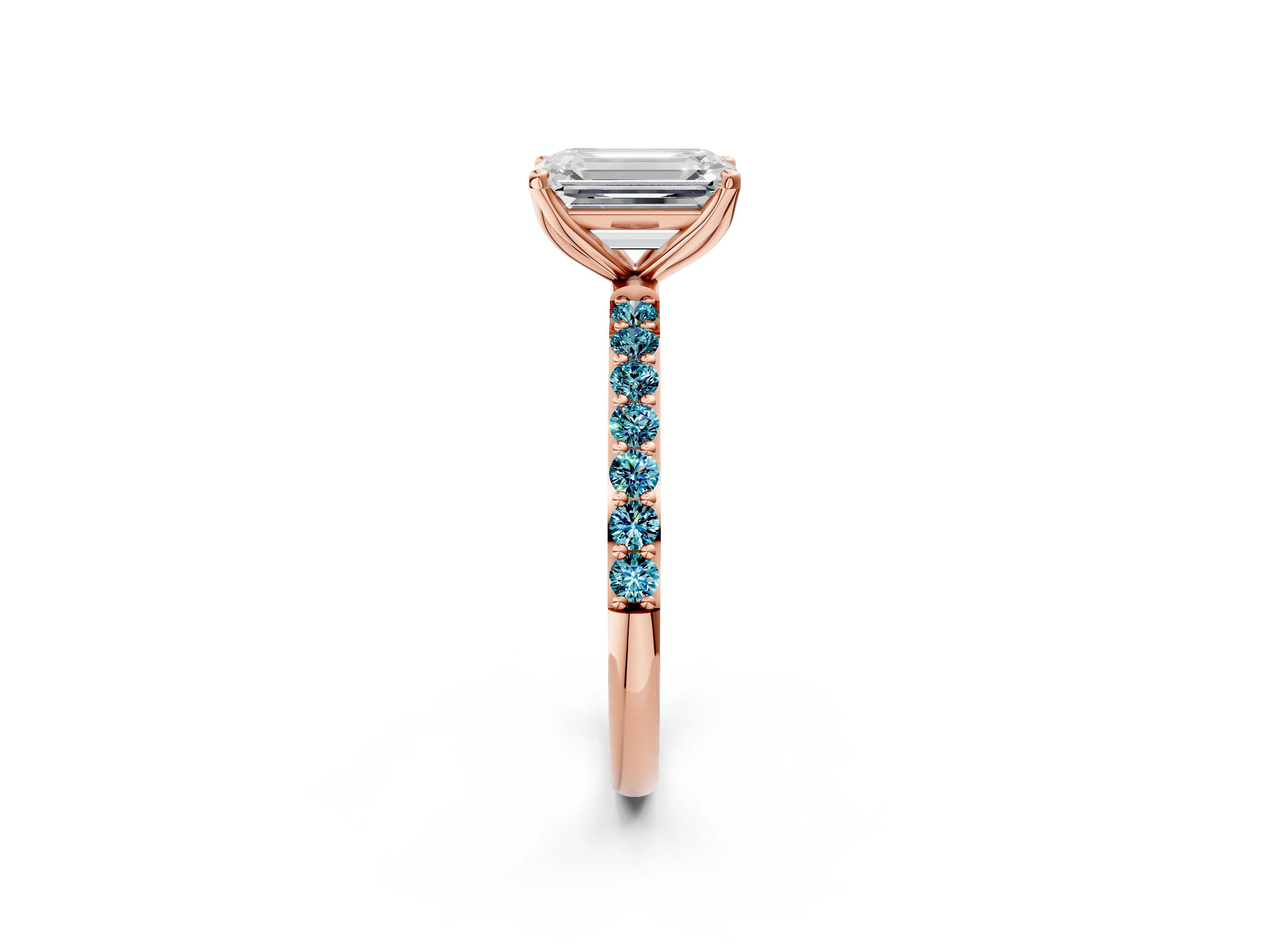Rose gold Emerald Cut Diamond Solitaire Engagement Ring with Round with Blue Topaz side stone Pavé Band and Prong Setting_2