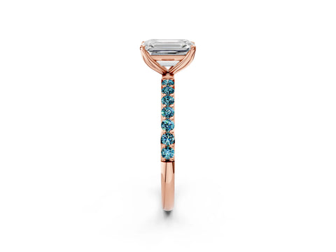 Rose gold Emerald Cut Diamond Solitaire Engagement Ring with Round with Blue Topaz side stone Pavé Band and Prong Setting_2